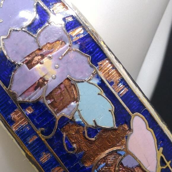 Vintage Blue Cloisonné Butterfly Floral Cuff Bracelet Enamel Copper 5 1/4" - Picture 6 of 7